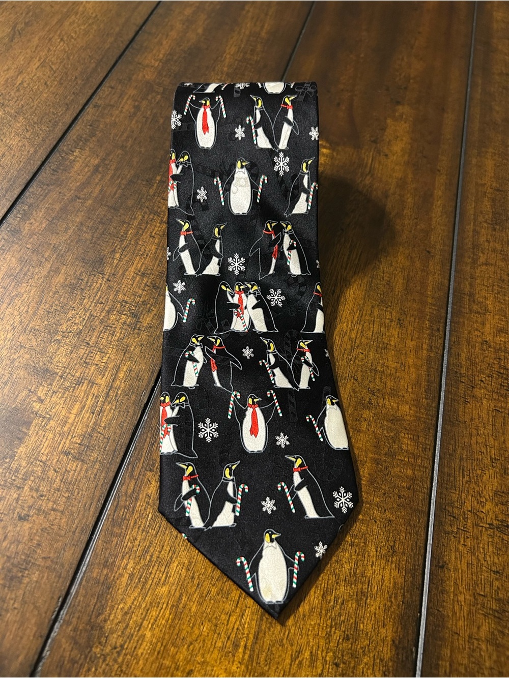 Vintage Hallmark Yule Tie Greetings Black Penguin Tie with Red and Yellow Accent